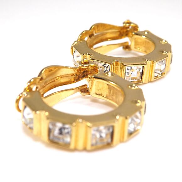 Swarovski Swan Logo Clip Earrings Gold Plated Square Crystal Rhinestone Vintage - Picture 10 of 10